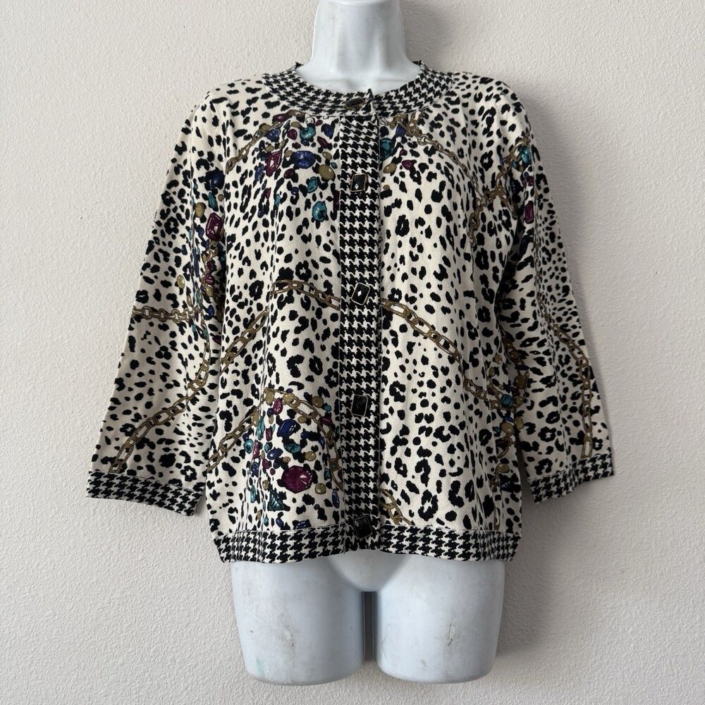 Laura Ashley Silk Blend Cardigan Jacket Leopard Houndstooth Jeweled Print PM